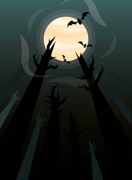 Halloween-Bäume mit Fledermäusen bei Nacht Vektor-Design — Stockvektor