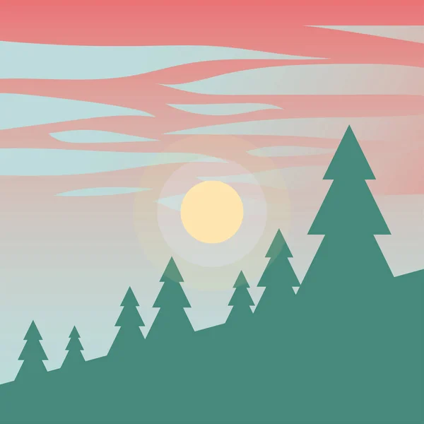 Céu rosa sobre pinheiros no projeto de vetor de montanha — Vetor de Stock