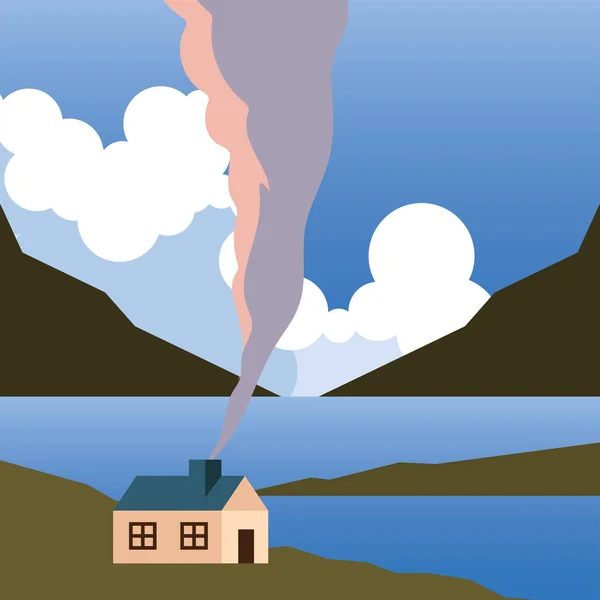 Ландшафт дома на горном озере и векторный дизайн облаков — стоковый вектор