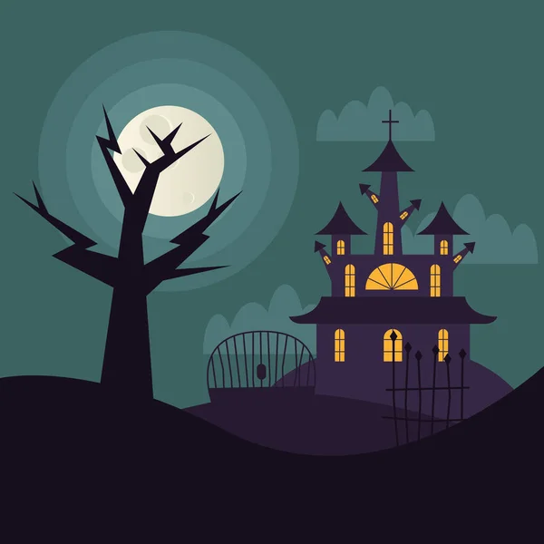 Casa de Halloween e árvore à noite design vetorial — Vetor de Stock