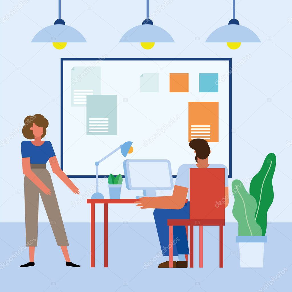 man and woman with computer at desk in the office vector design