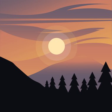 Kırmızı gökyüzü vektör tasarımının önündeki çam ağaçları