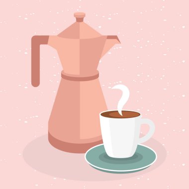 Pembe arka plan vektör tasarımında kahve fincanı ve demlik