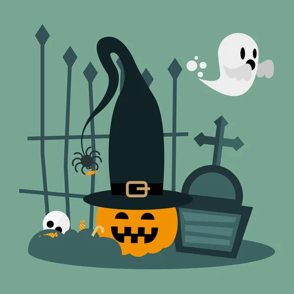Halloween citrouille dessin animé avec chapeau au cimetière conception vectorielle — Image vectorielle