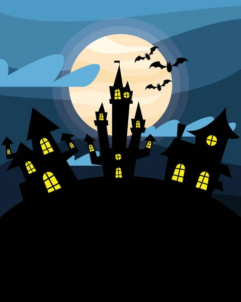 Halloween-Häuser mit Fledermäusen bei Nacht Vektor-Design — Stockvektor