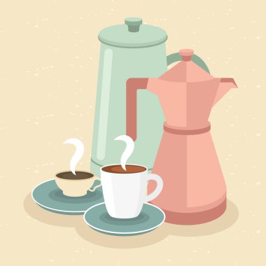 Kahve fincanları ve çömlekler sarı arka plan vektör tasarımında