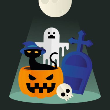 Cadılar Bayramı kedisi kabak hayaleti ve mezar vektörü tasarımı