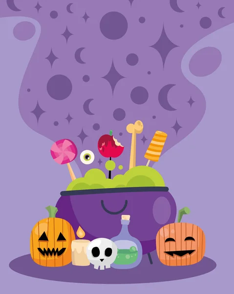 Halloween Hexenschale mit Bonbons und Kürbissen Vektor-Design — Stockvektor