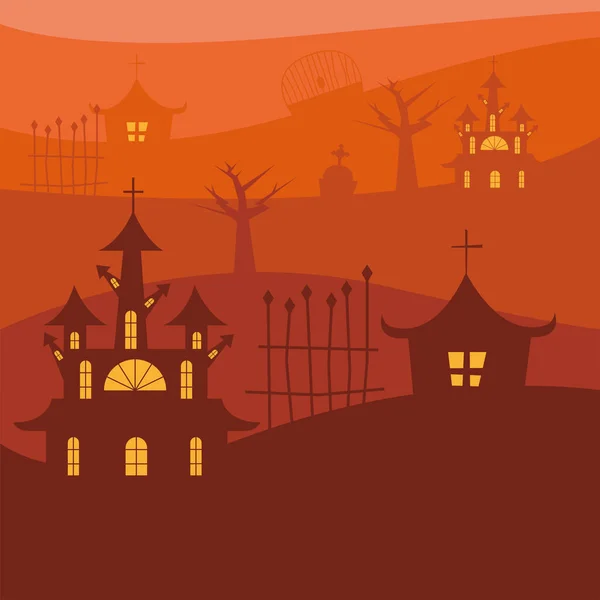 Casas de Halloween com portão no desenho vetorial de fundo laranja — Vetor de Stock