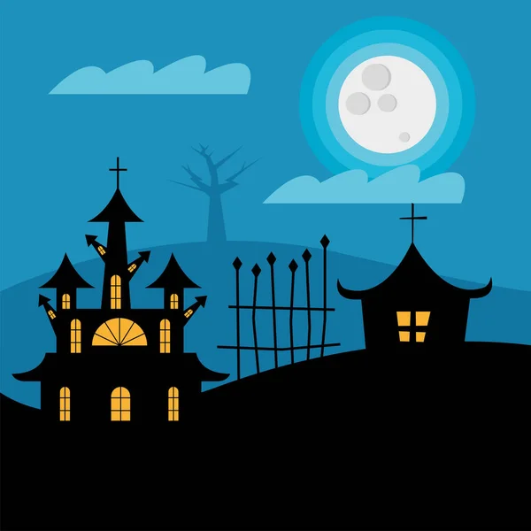 Casas de Halloween con puerta de diseño vectorial de noche — Vector de stock