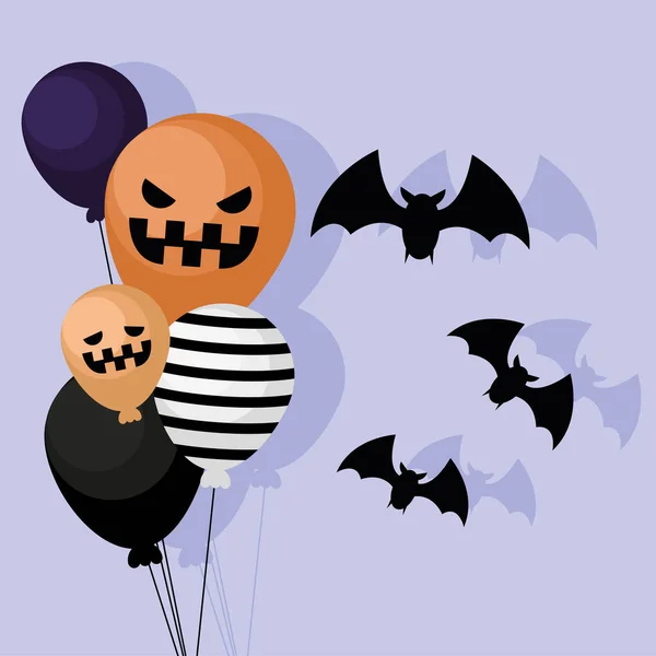 Απόκριες ριγέ και κολοκύθα μπαλόνια και νυχτερίδες διάνυσμα σχεδιασμό — Διανυσματικό Αρχείο