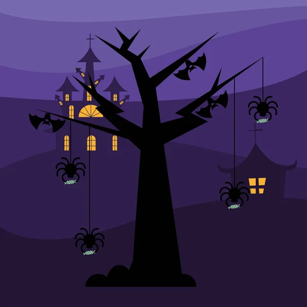 Halloween arañas y murciélagos en el diseño de vectores de árboles — Vector de stock