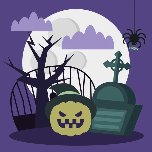 Dibujos animados de calabaza de Halloween con sombrero en el diseño del vector del cementerio — Vector de stock