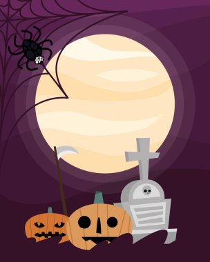 Cadılar Bayramı balkabakları gece vektör tasarımında mezarı olan karikatürler