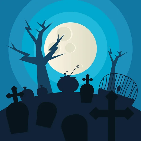 Halloween begraafplaats en boom 's nachts vector ontwerp — Stockvector