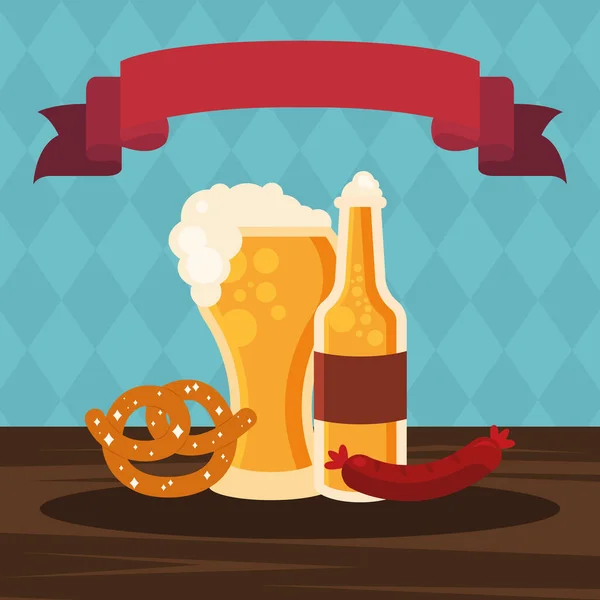 Oktoberfest beer bottle glass pretzel and sausage vector design — Stock Vector