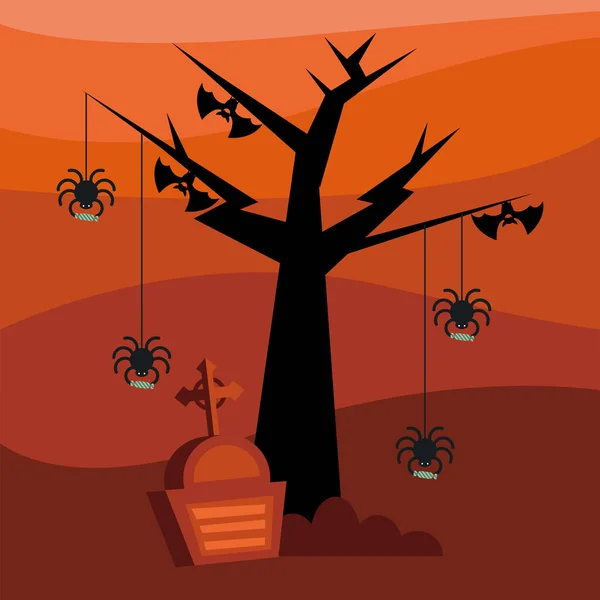 Halloween spinnen en vleermuizen aan boom met grafisch vectorontwerp — Stockvector