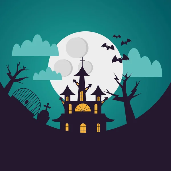 Casa de Halloween e cemitério à noite design vetorial — Vetor de Stock