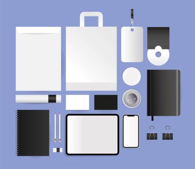 Mockup cd tablet zarflar çanta ve akıllı telefon vektör tasarımı