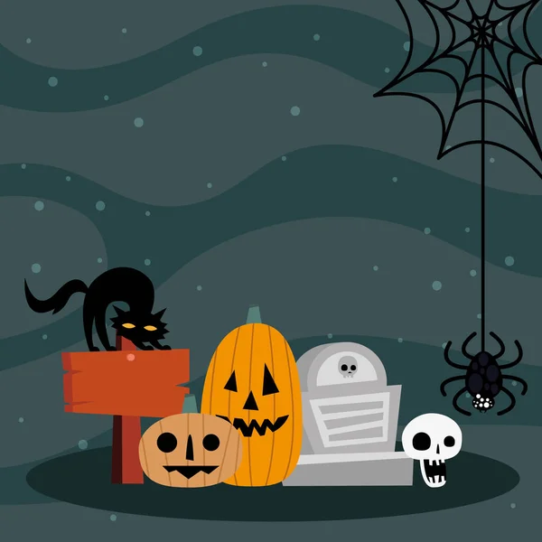 Halloween dýně karikatury s hrobem a kočičí vektor design — Stockový vektor