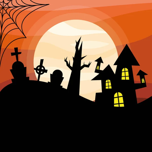 Halloween huis op begraafplaats 's nachts vector ontwerp — Stockvector