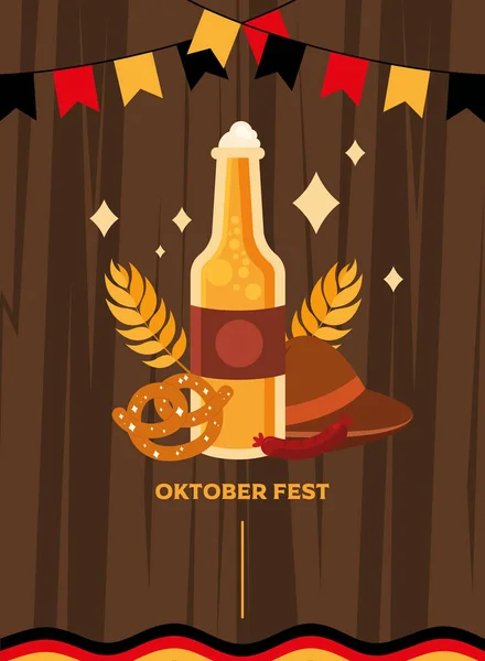 Oktoberfest botella de cerveza salchicha pretzel y sombrero con banner banner diseño vector — Vector de stock