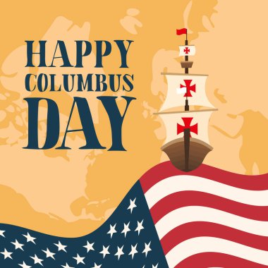Mutlu Kolomb Günü vektör tasarımı haritalı gemi ABD bayrağında