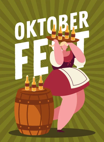 Oktoberfest mujer de dibujos animados con botellas de cerveza en el diseño de vectores de barril — Archivo Imágenes Vectoriales