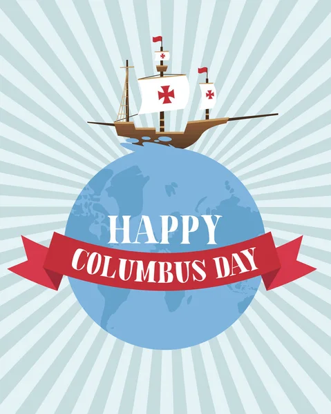 Barco en el mundo con cinta de diseño vectorial feliz día de Colón — Vector de stock