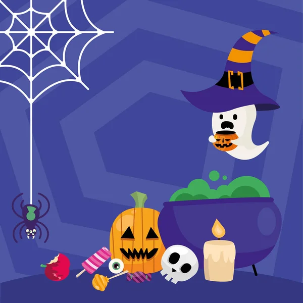 Bol sorcière Halloween avec bonbons et design vectoriel fantôme — Image vectorielle