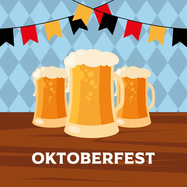 Ποτήρια μπύρας oktoberfest με σχεδιασμό banner pennant vector — Διανυσματικό Αρχείο