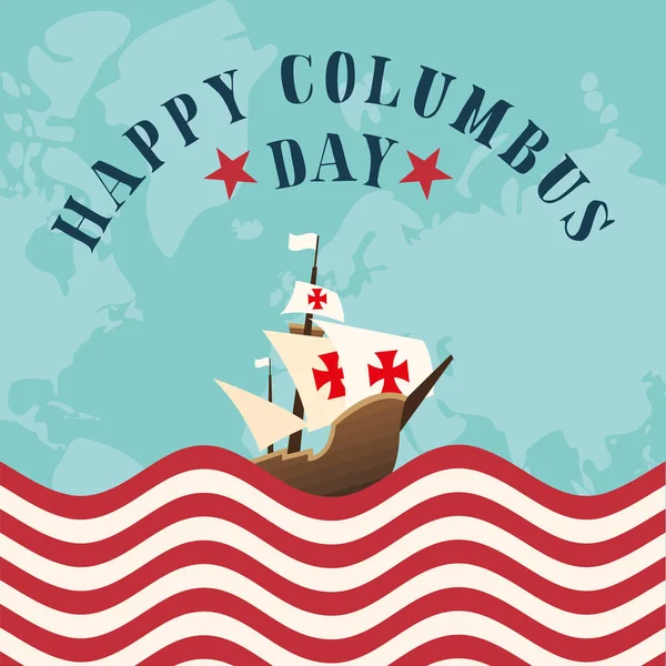 Ship on usa flag with map of happy columbus day vector design — Stock Vector