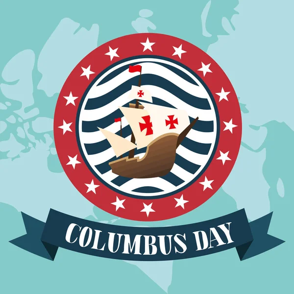 Корабль в печати с лентой счастливого векторного дизайна дня Колумбуса — стоковый вектор