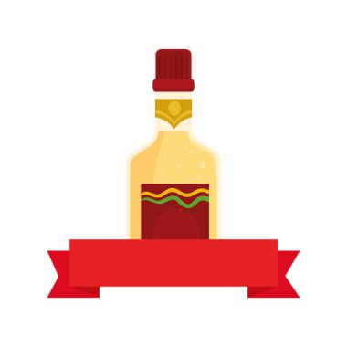 Beyaz arka planda kurdeleli bir şişe tekila.