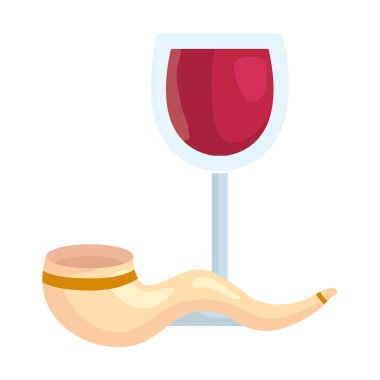 Beyaz arka planda, Shofar boynuzlu bir bardak şarap