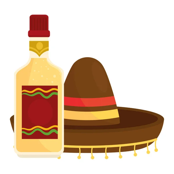 Mexikansk hatt med flaska tequila på vit bakgrund — Stock vektor
