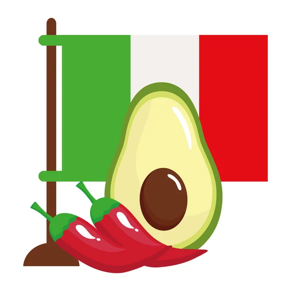 Vlag van Mexico met avocado en chili pepers in witte achtergrond — Stockvector