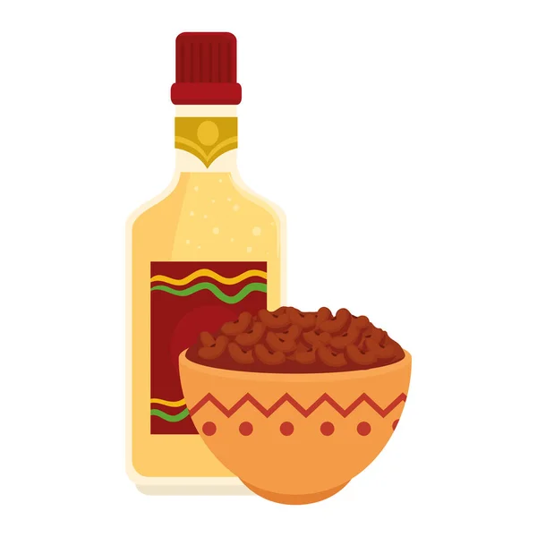 Kom met heerlijke bonen en fles tequila in witte achtergrond — Stockvector
