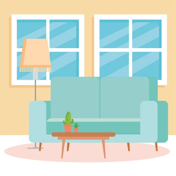 Interior of the living room home, with couch, windows and decoration — Stock Vector