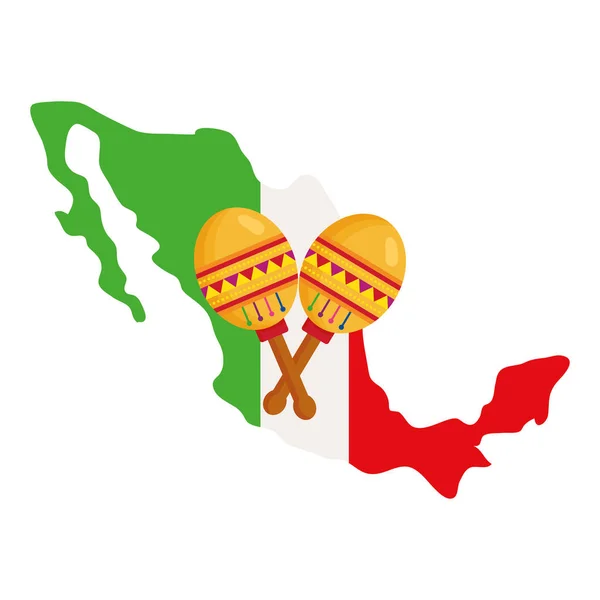 メキシコ地図の旗とマラカスの白い背景 — ストックベクタ