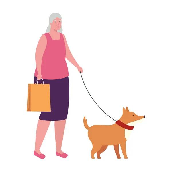 Vieille femme avec sac shopping, promenade avec mascotte de chien en fond blanc — Image vectorielle