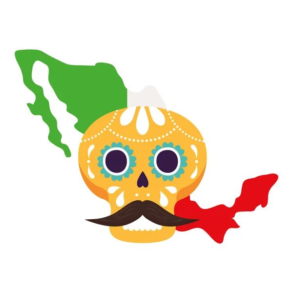 Mapa de México bandera con cráneo mexicano amarillo, sobre fondo blanco — Vector de stock