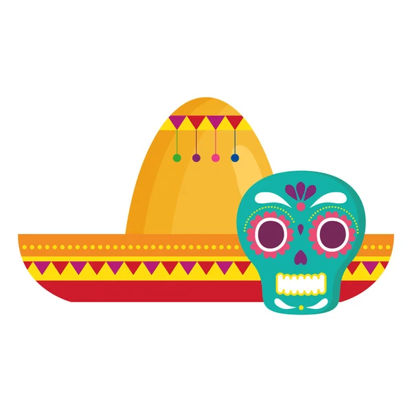 Crânio com chapéu mexicano, no fundo branco — Vetor de Stock