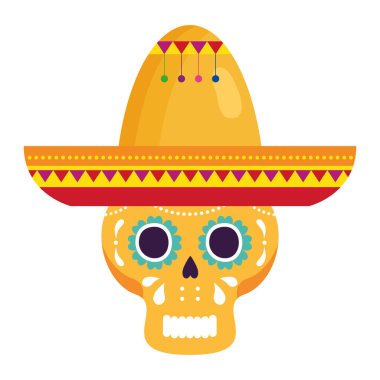 Beyaz arka planda şapkalı sarı Meksika kafatası.