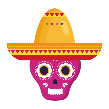 Beyaz arka planda, şapkalı pembe Meksikalı kafatası.