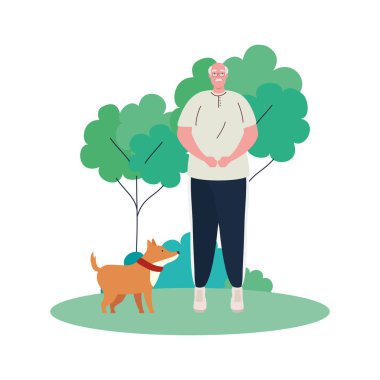 Yaşlı adam dışarıda köpek maskotuyla yürüyor.