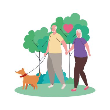 Dışarıda köpek maskotuyla yürüyen sevimli yaşlı bir çift.