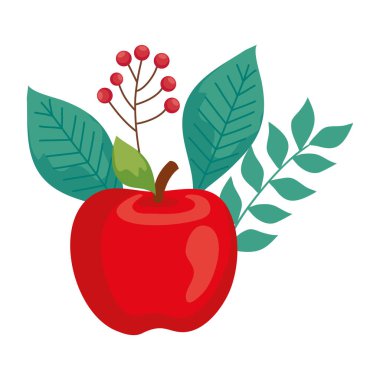 Beyaz arkaplanda yaprakları olan kırmızı elma meyvesi