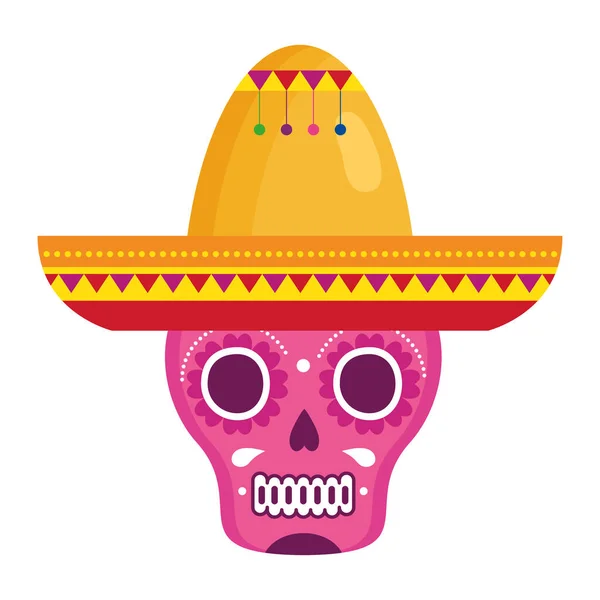 하얀 배경 모자를 쓰고 있는 분홍색 멕시코산 두개골 — 스톡 벡터