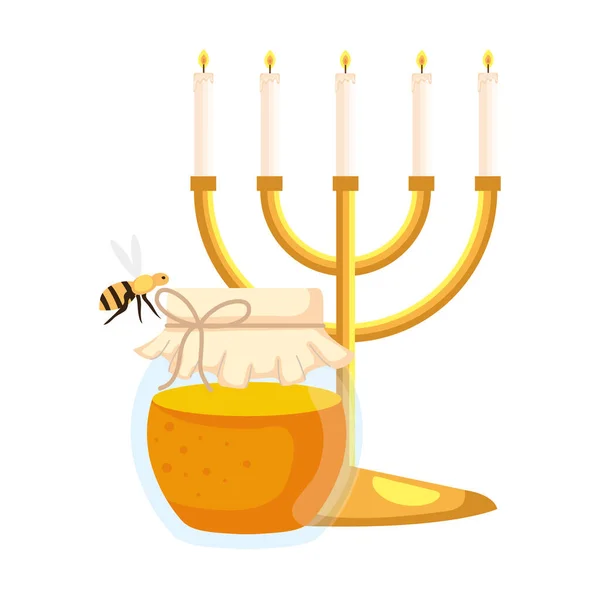 Candles in candlesticks with honey jar and bee flying, on white background — Stock Vector